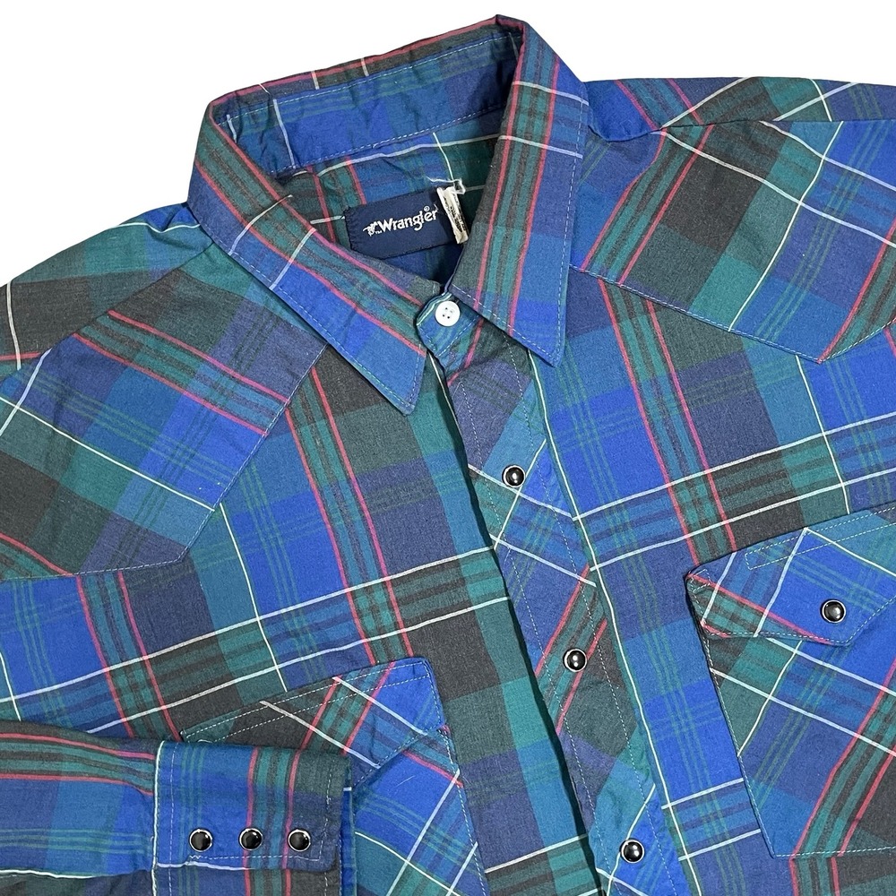 Vintage Wrangler Plaid Western Pearl Snap Shirt XL Blue Green Cowboy Rodeo‎
